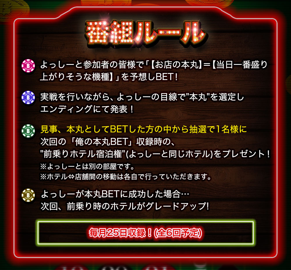 ##毎月25日収録##　１．よっしーと参加者の皆様で“お店の本丸”を予想してＢＥＴ！　２．実戦を行いながら、よっしー見線で本丸をエンディングで発表！　３．見事ＢＥＴに成功した方の中から抽選で１名にホテル宿泊権をプレゼント！