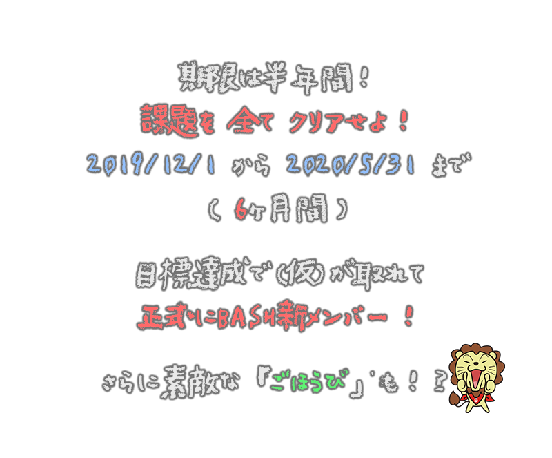 期限は６ヶ月間。2020年5月31日までに、課題を全てクリアしていれば目標達成！ (仮)が取れて正式にBASH新メンバーに！！