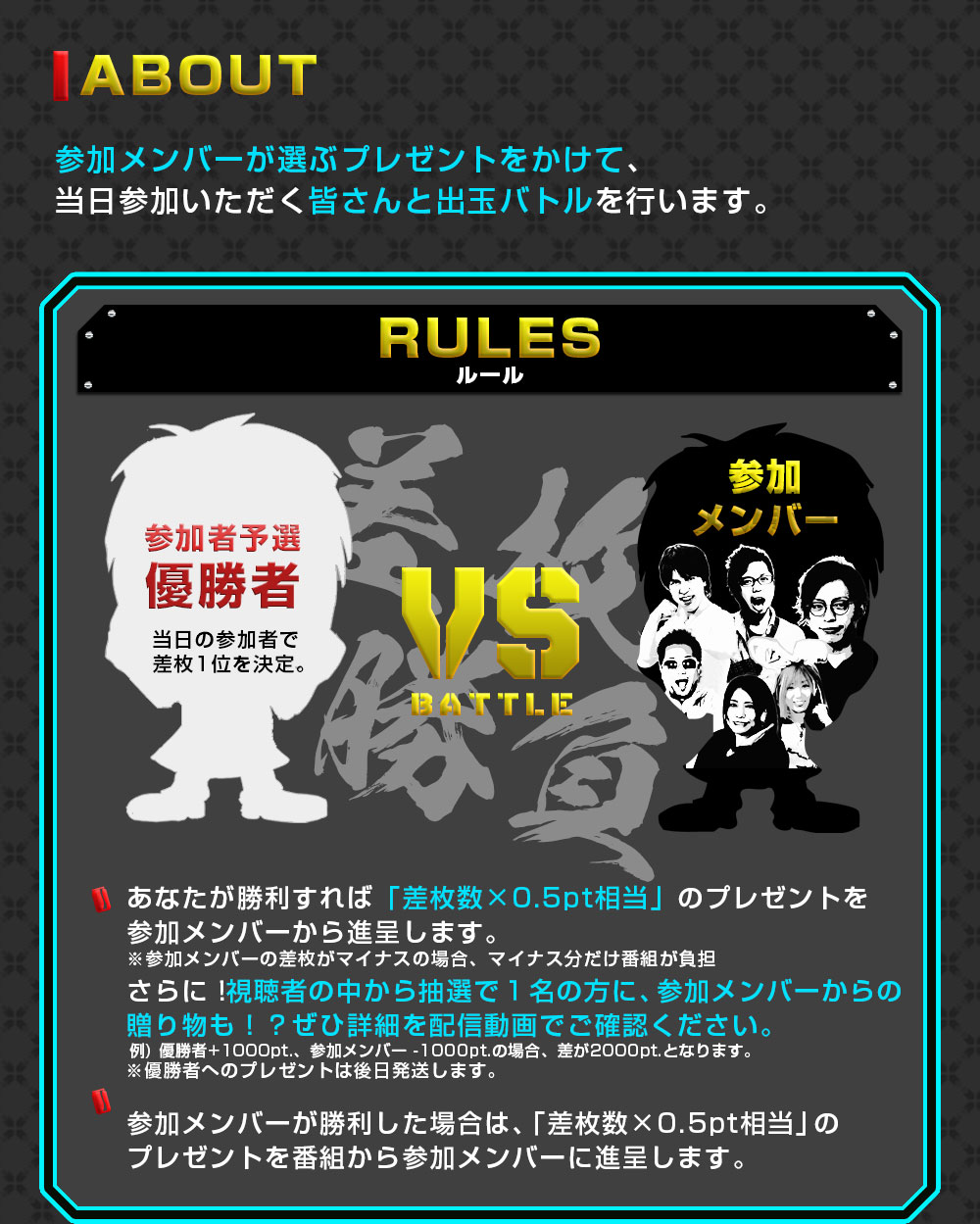 ABOUT: メンバーが選ぶプレゼントをかけて、当日参加いただく皆さんと出玉バトルを行います。RULES: あなたが勝利すれば、商品をメンバーがプレゼント。