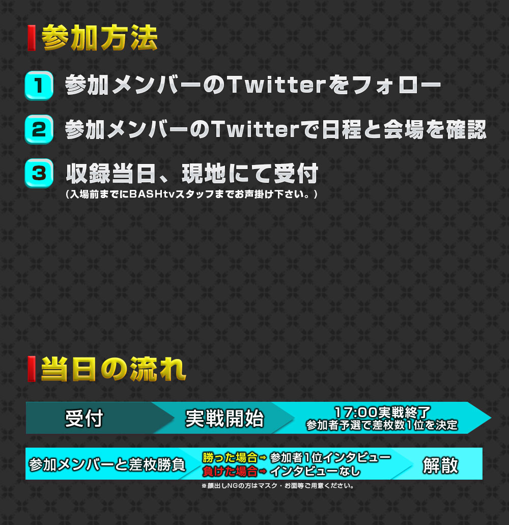 参加するには、(１)メンバーのTwitterをフォロー。(２)メンバーのTwitterで日程と会場を確認。(３)収録当日の入場前までにスタッフに参加の意思を伝える。の３ステップ！