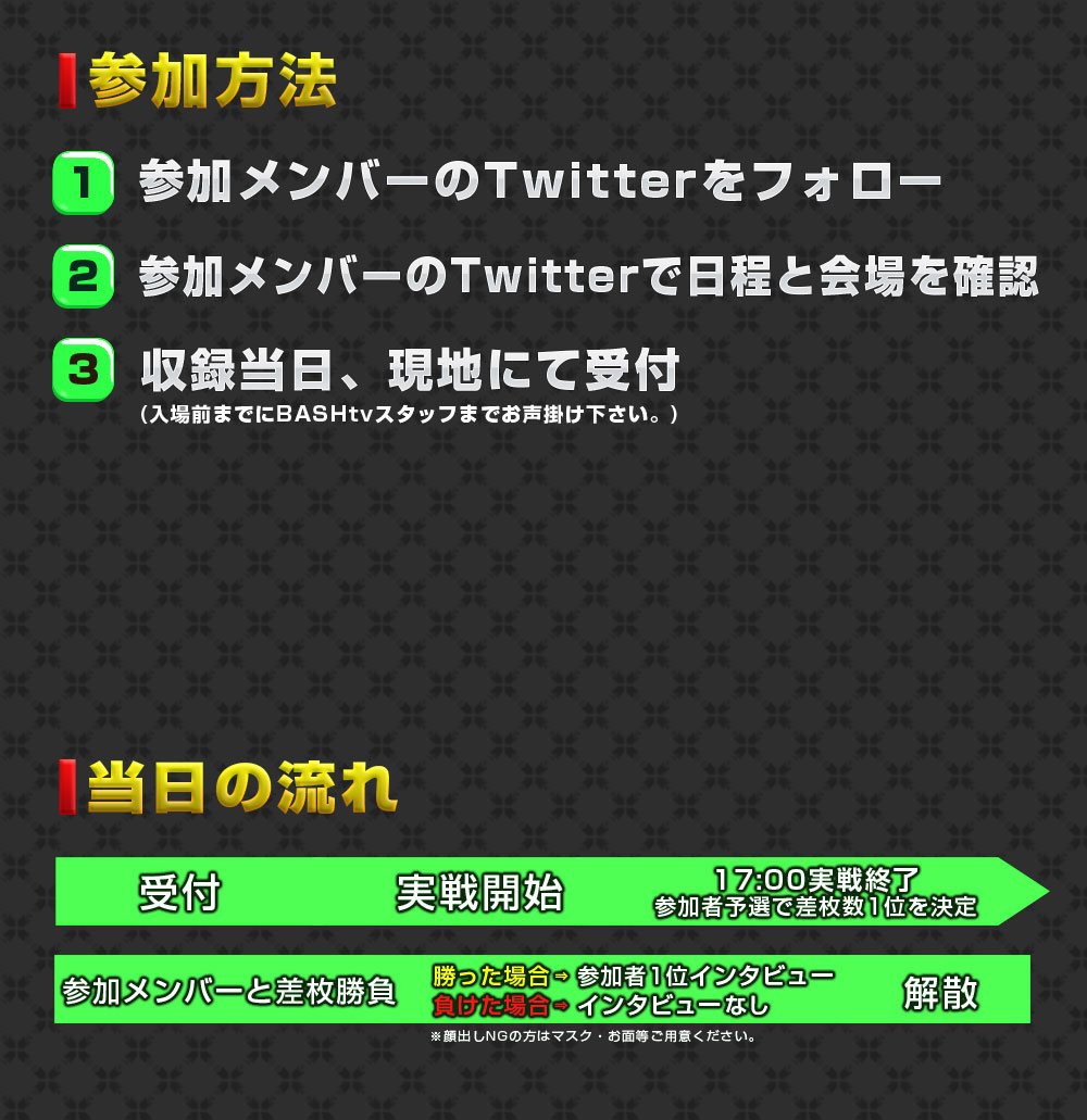 参加するには、(１)メンバーのTwitterをフォロー。(２)メンバーのTwitterで日程と会場を確認。(３)収録当日の入場前までにスタッフに参加の意思を伝える。の３ステップ！