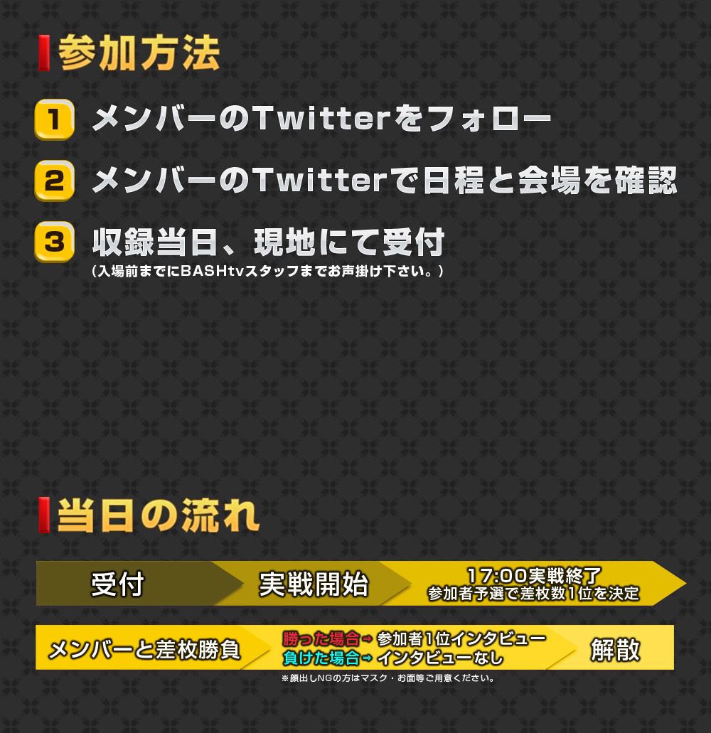 参加するには、(１)メンバーのTwitterをフォロー。(２)メンバーのTwitterで日程と会場を確認。(３)収録当日の入場前までにスタッフに参加の意思を伝える。の３ステップ！